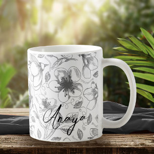 Taza De Café Patrón de esquema floral esbozado gris/qué ID939