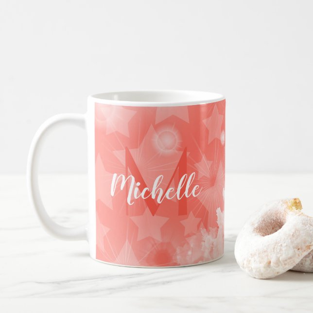 Taza De Café Patrón de estrellas corales rosas Moda moderna Nom (Con donut)