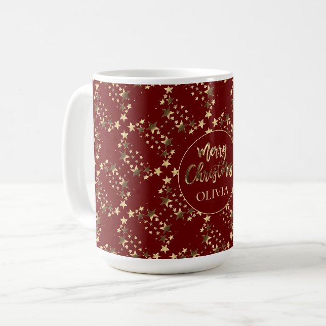 Taza De Café Patrón de estrellas de oro rojas con nombre Feliz  (Anverso izquierdo)