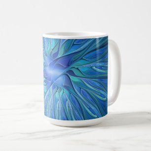 Taza De Café Patrón de fantasía de flor azul, arte fractal abst