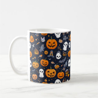 Taza De Café Patrón de Fantasma y Calabaza en Fondo Negro Acoge