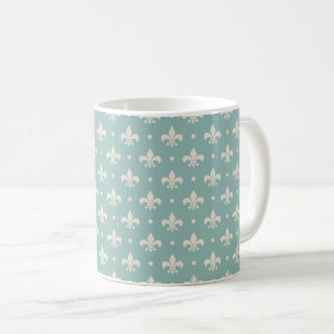 Taza De Café Patrón de Fleur De Lis gris sobre fondo turquesa