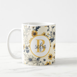 Taza De Café Patrón de Flor Colorida Monograma Amarillo