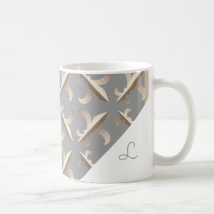 Taza De Café Patrón de flor de lis rayada monogramada