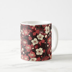 Taza De Café Patrón de Flor de Sakura de Coral de Borgoña Oscur
