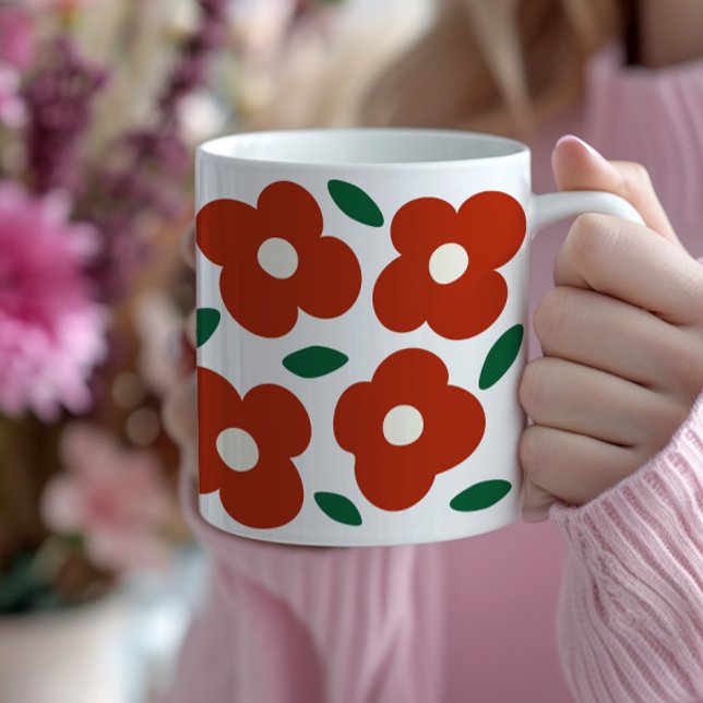 Taza De Café Patrón de flor retro del resumen rojo negrita (cute bold red abstract flower coffee mug)