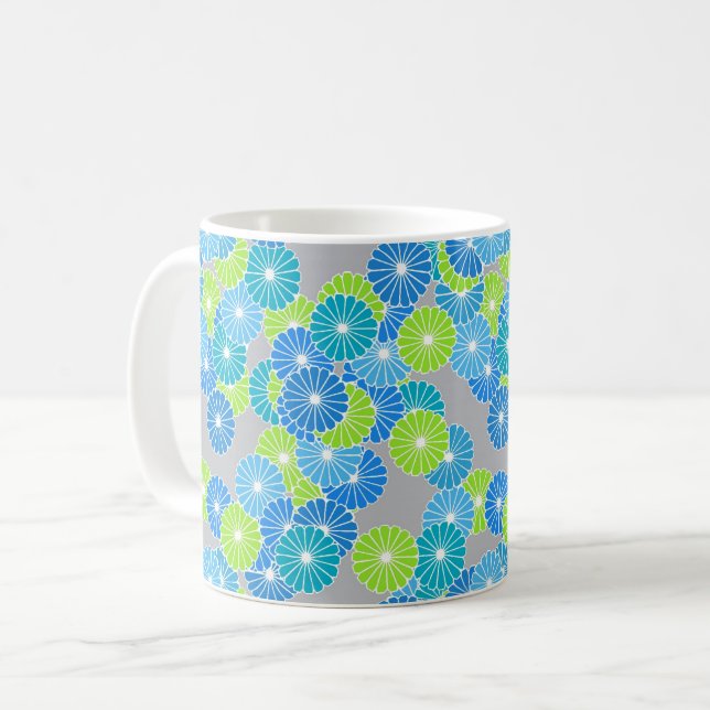 Taza De Café Patrón de flores Art Deco - azul y verde lima (Anverso izquierdo)