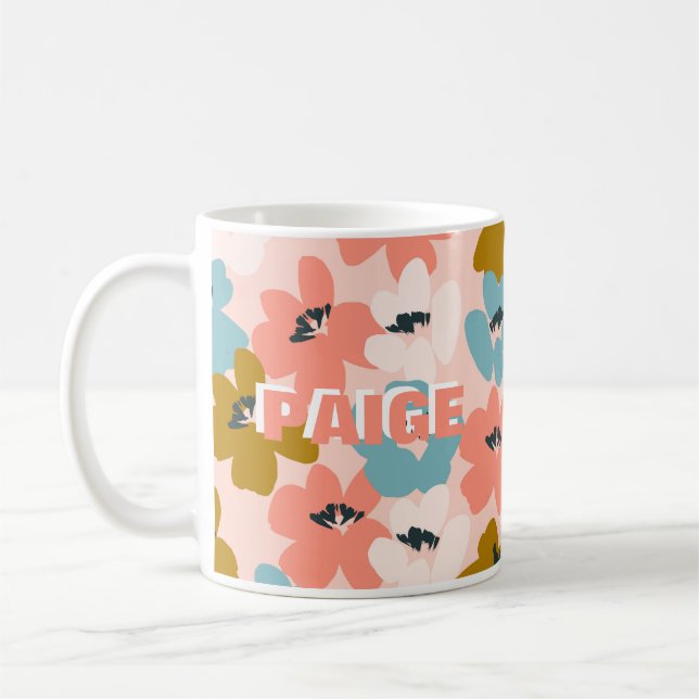 Taza De Café Patrón de flores de monograma azul rosado Mug (Izquierda)
