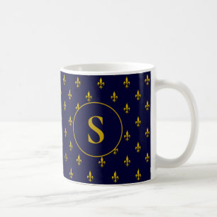 Taza De Café Patrón de flores de oro de Lis en azul real