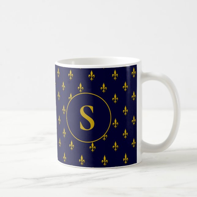 Taza De Café Patrón de flores de oro de Lis en azul real (Derecha)