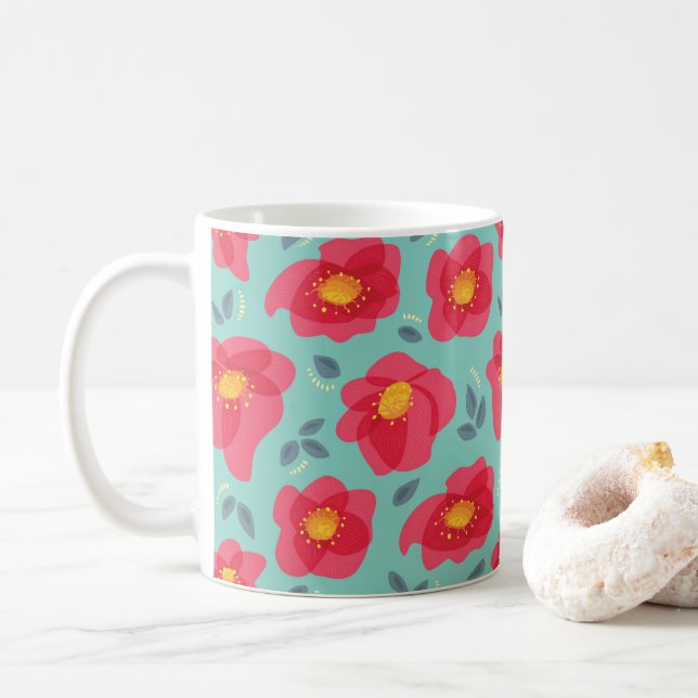 Taza De Café Patrón de flores de primavera azul rosa primavera (Con donut)