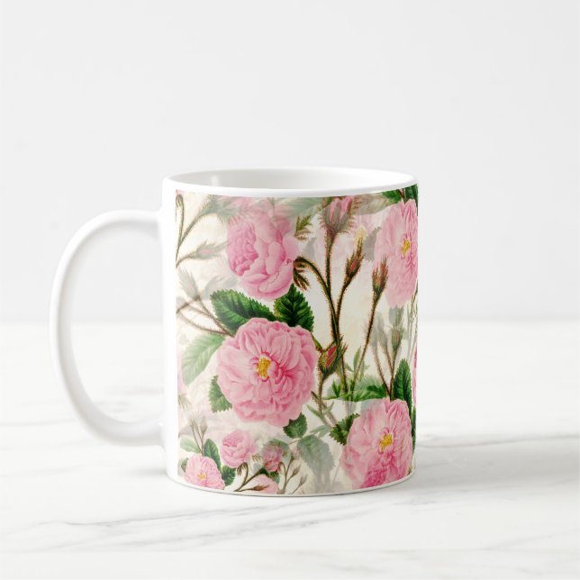 Taza De Café Patrón de flores, hojas y barras rosadas (Izquierda)