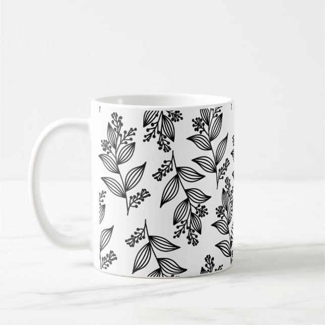 Taza De Café Patrón de flores negras blanco oscuro botánico (Izquierda)