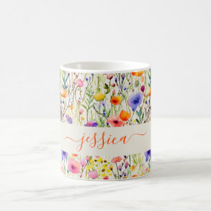 Taza De Café patrón de flores silvestres de acuarela moderna no