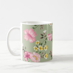 Taza De Café Patrón de flores vintage sin foco sobre fondo verd