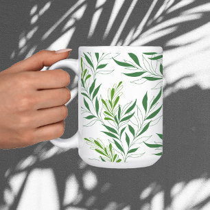 Taza De Café Patrón de Follaje Verde Elegante Verde y Blanco