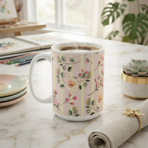 Taza De Café Patrón de franja floral rosa suave