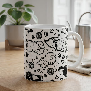 Taza De Café Patrón de garabatos de gato blanco y negro lindo
