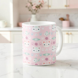 Taza De Café Patrón de gatito kawaii rosa pastel de mamá gata