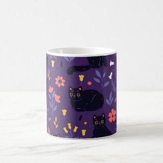 Taza De Café patrón de Gatos Negros y Flores Silvestres