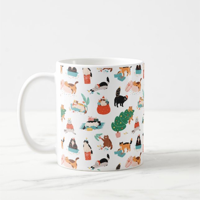 Taza De Café Patrón de gatos y árboles de Navidad juguetones (Izquierda)