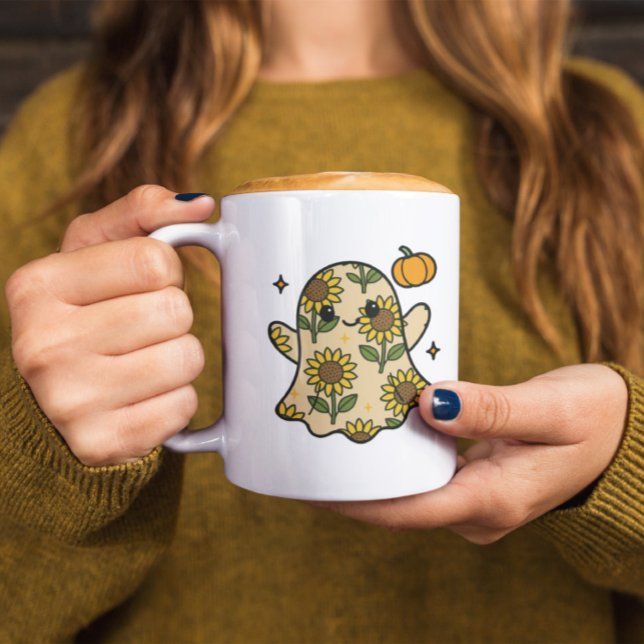 Taza De Café Patrón de girasol fantasma de Halloween floral (Subido por el creador)