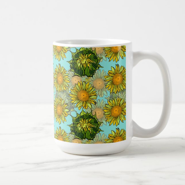 Taza De Café Patrón de girasoles amarillos con follaje y brotes (Derecha)