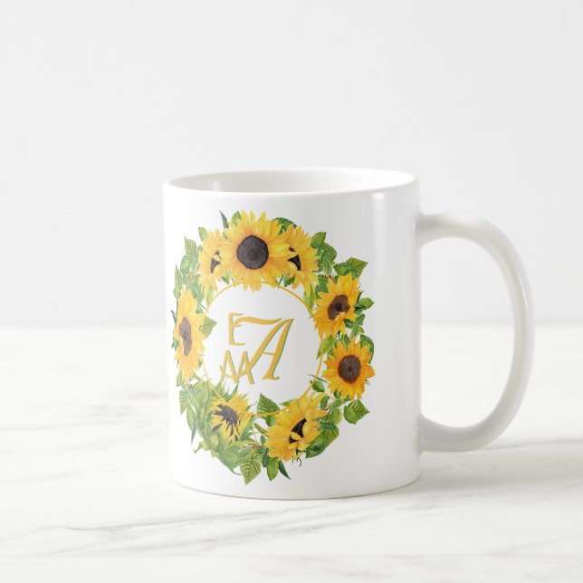 Taza De Café Patrón de girasoles monogramados Decorativo (Derecha)