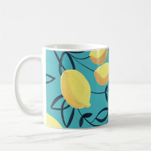 Taza De Café Patrón de gouache de limón amarillo sobre turquesa