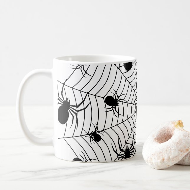 Taza De Café Patrón de halloween de arañas blancas negras (Con donut)