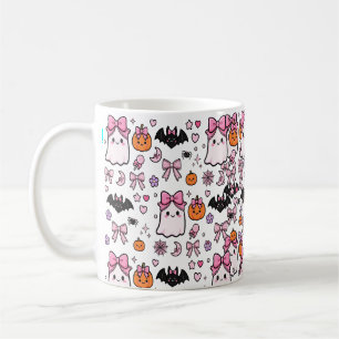 Taza De Café Patrón de Halloween Fantasma con Lazo Rosa Coquett