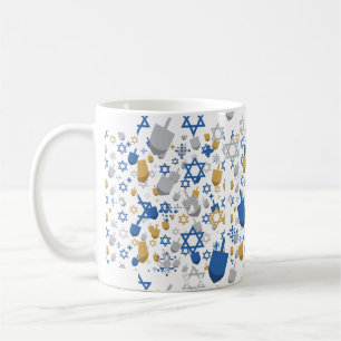 Taza De Café Patrón de Hanukkah azul plateado Dreidel