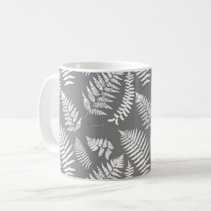 Taza De Café Patrón de Helecho Boscoso, Gris y Blanco