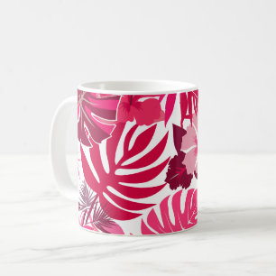 Taza De Café Patrón de hibiscos rosados y monsteras tropicales