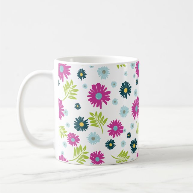 Taza De Café Patrón de hoja verde azul rosado de margarita (Izquierda)