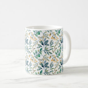 Taza De Café Patrón de hoja verde y amarillo de acuarela fresca