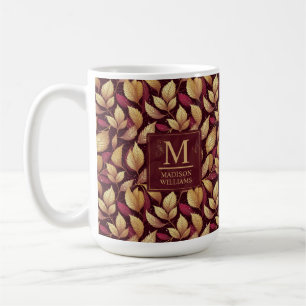 Taza De Café Patrón de hojas de otoño de brillo dorado y granat