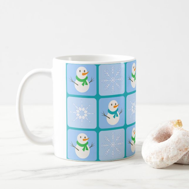 Taza De Café Patrón de invierno de snowman y copos de nieve (Con donut)