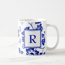 Patrón de jardín azul Monograma Café Mug