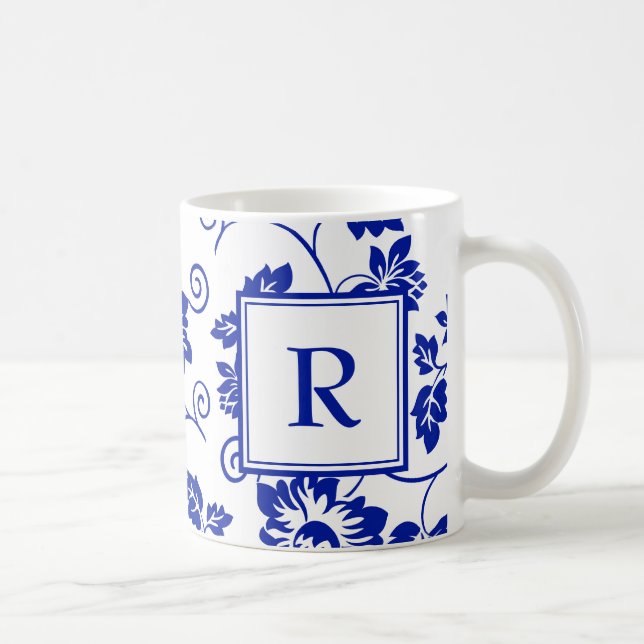 Taza De Café Patrón de jardín azul Monograma Café Mug (Derecha)