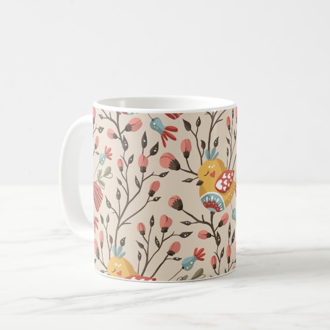 Taza De Café Patrón de jardín de aves florales de Boho (Anverso izquierdo)
