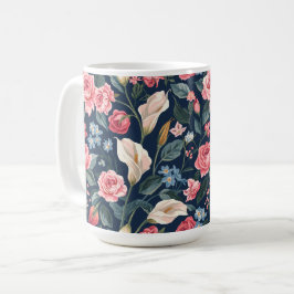 Taza De Café Patrón de jardín floral azul marino romántico