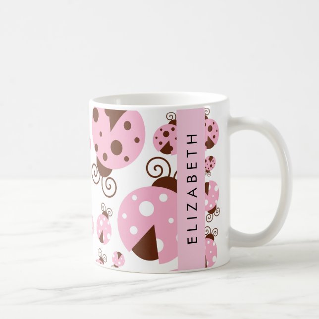 Taza De Café Patrón De Ladybugs, Ladybugs Rosados, Su Nombre (Derecha)
