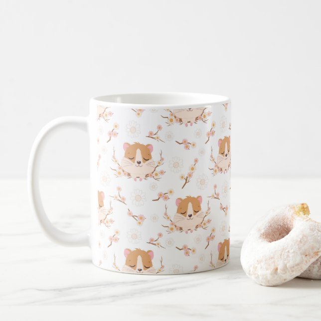 Taza De Café Patrón de las flores rosadas y la cara de los hams (Con donut)