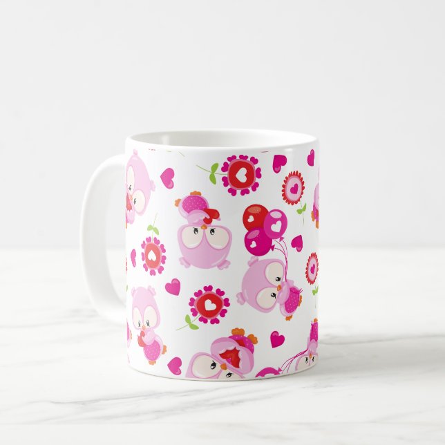 Taza De Café Patrón De Lechuzas, Lechuzas Cutas, Lechuzas Rosad (Anverso izquierdo)