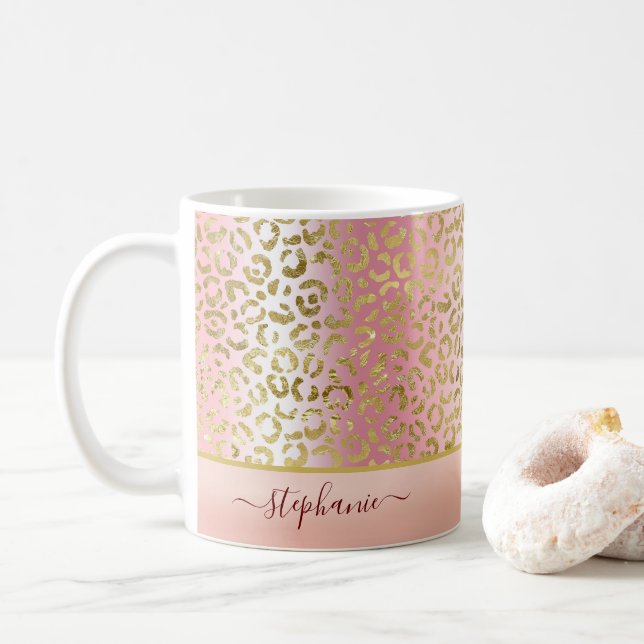 Taza De Café Patrón de Leopardo de oro rosa de Glam Ombre Perso (Con donut)