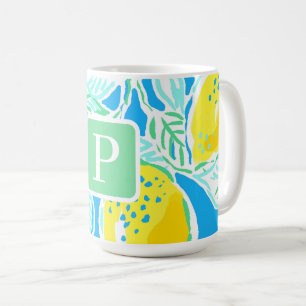 Taza De Café Patrón de limón azul elegante con monograma