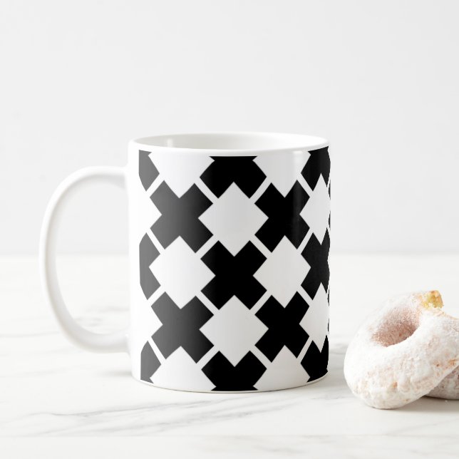 Taza De Café Patrón de líneas rusas diagonales en blanco negro (Con donut)