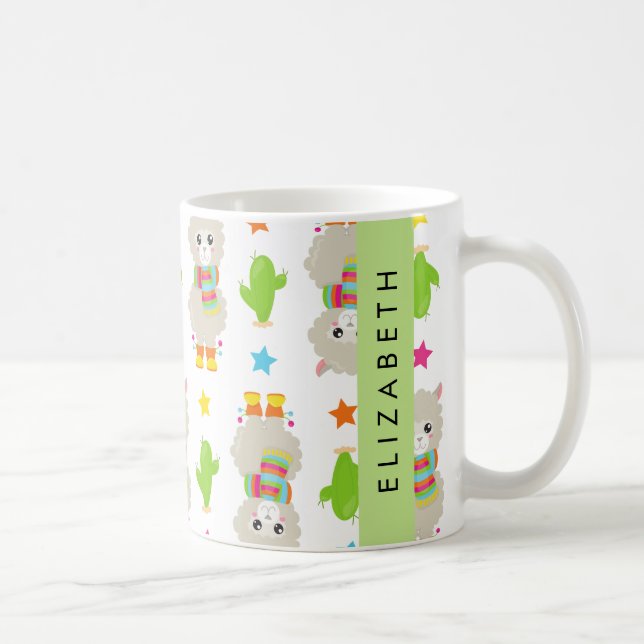 Taza De Café Patrón De Llamas, Alpacas, Cactus, Tu Nombre (Derecha)