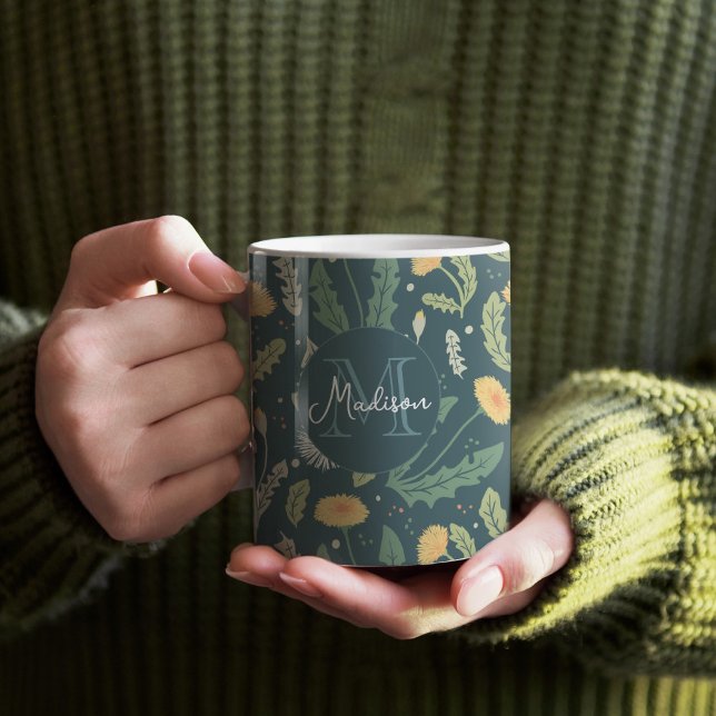 Taza De Café Patrón de maleza floral de Dandelion (Dandelion Pattern Mug with Custom Monogram)
